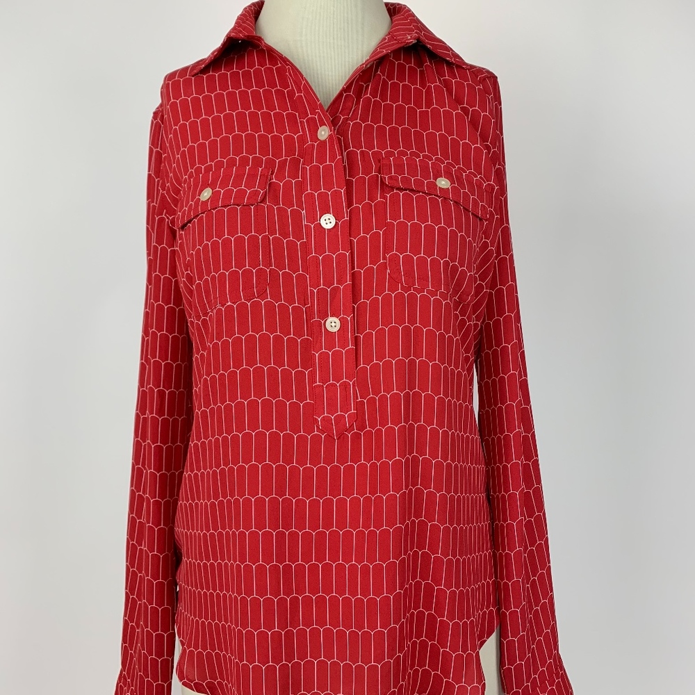 Ann Taylor Loft Red White Geo Henley Top Blouse XS